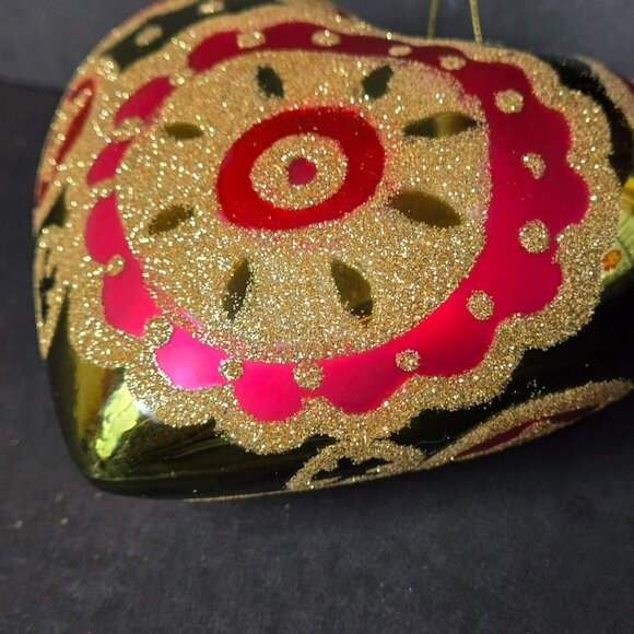 Vintage Red And Gold Glitter Heart Ornament Hand Decorated 5 Inch Christmas - Picture 5 of 11